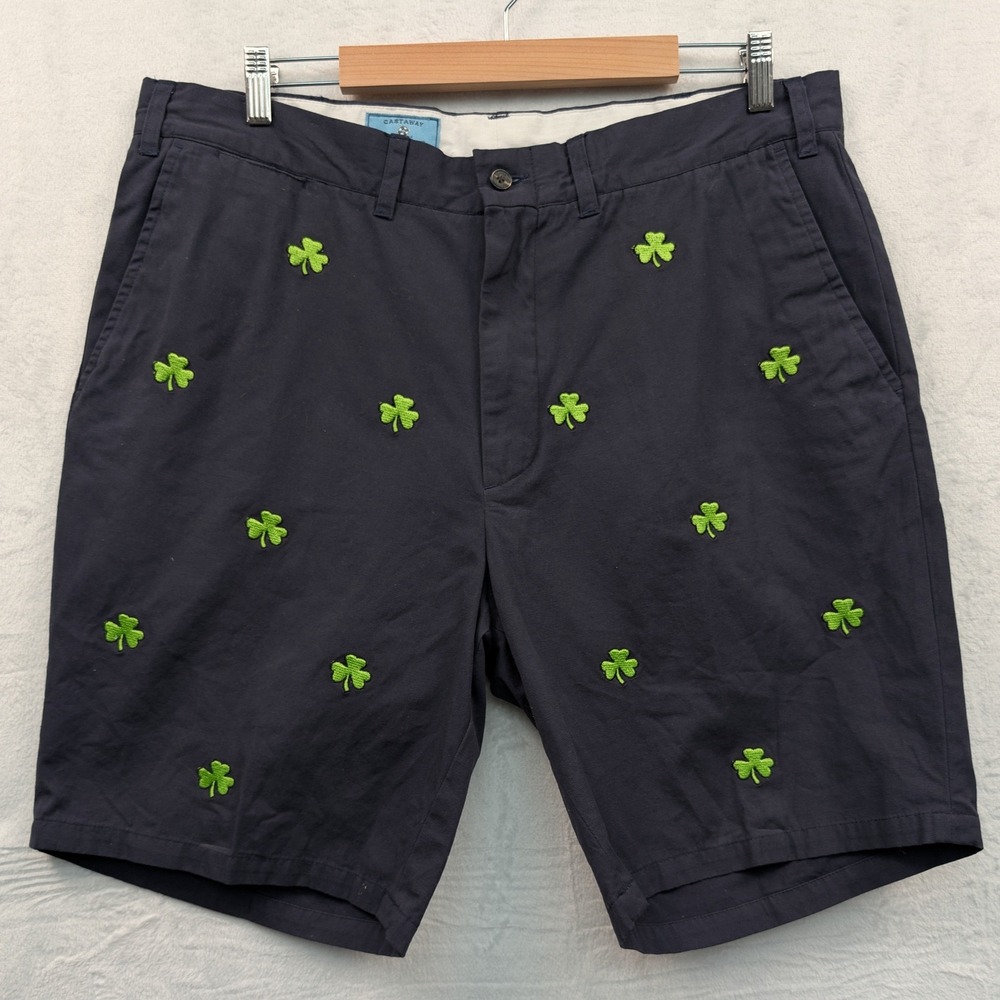 Castaway Shorts Men's 38 Navy Blue 9" Green Shamrock AOP Embroidered Preppy Golf